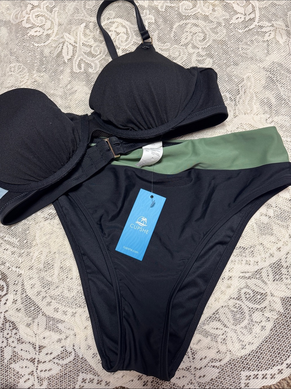 CUPSHE & SHADE & SHORE NWT 34D Black Push-Up top NWT S Green Waistband bottom